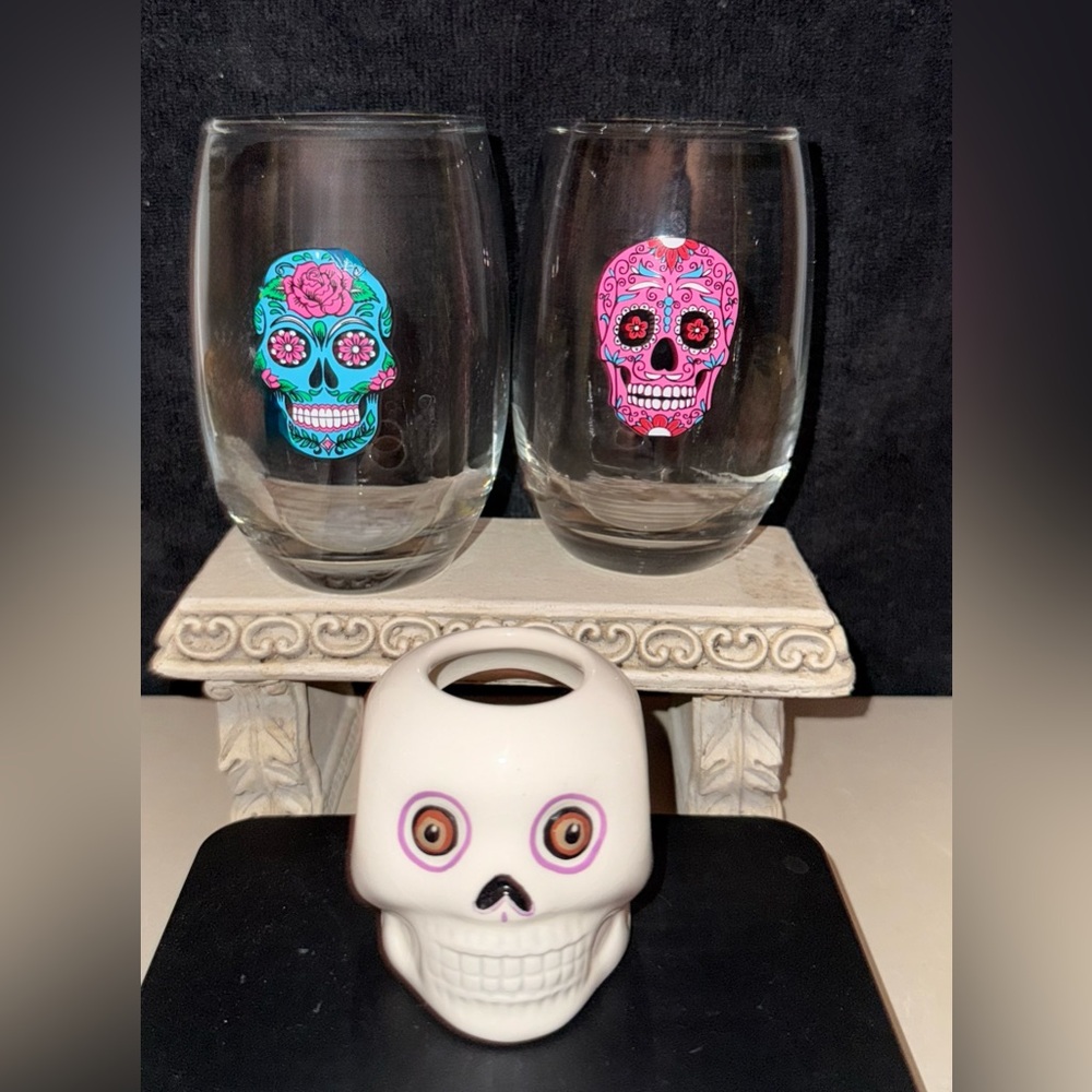 2 Day of the Dead stemless wine glasses. 15oz. + Day of the Dead votive holder.